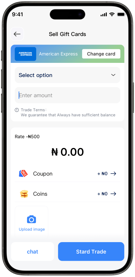 Preview of the TradeCard gift card selling flow in the app